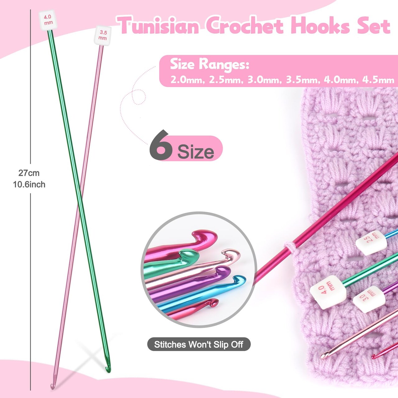 6 Sizes Tunisian Crochet Hooks Set-Long Afghan Tunisian Crochet Hooks-Beginners Crochet Hook Set Aluminum Crochet Needles for Crocheting Knitting Crochet Supplies (Stitches Won't Slip Off)